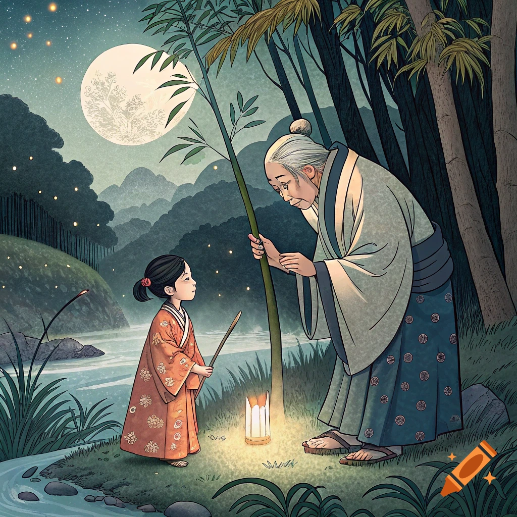 Ukiyo-e illustration of old man and girl with lantern beside river under full moon in bamboo forest
