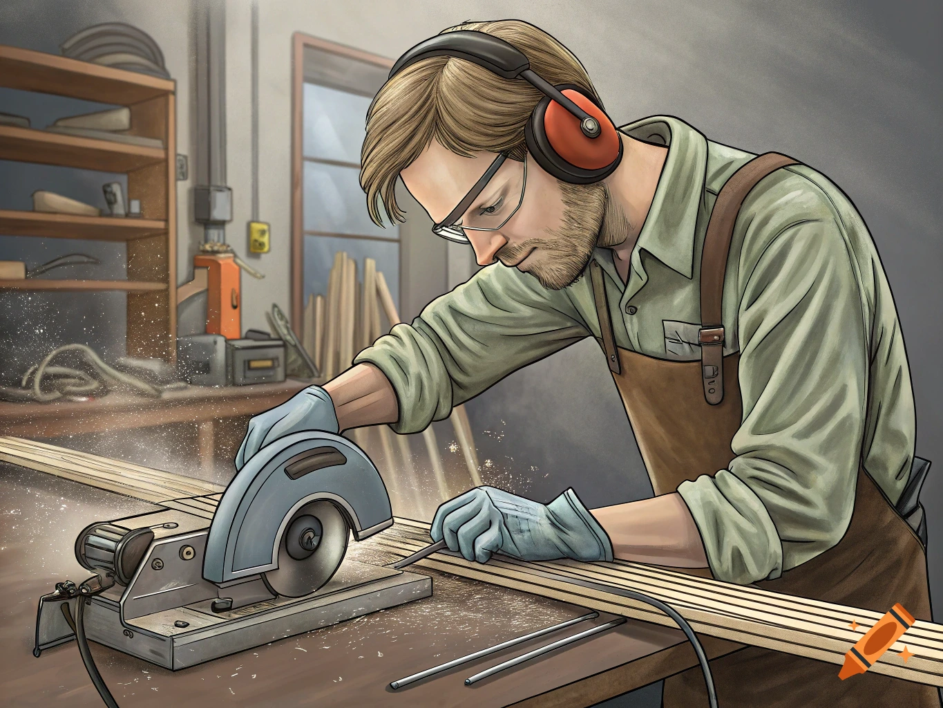 An illustration of a man in safety gear cutting wood with a circular saw in a workshop.