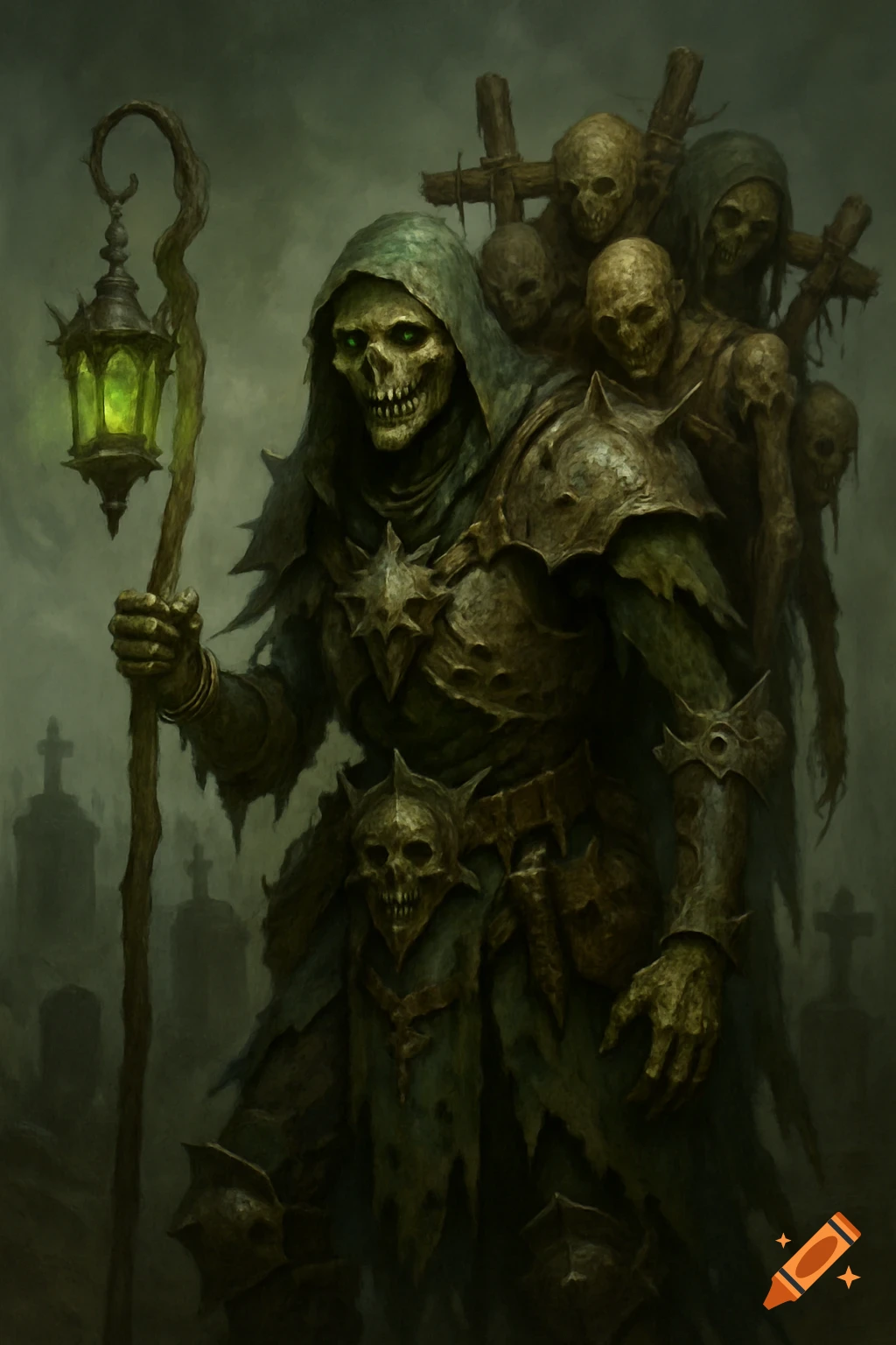 Dark fantasy art of a skeletal figure in armor with a lantern, carrying corpses on a cross in a graveyard.