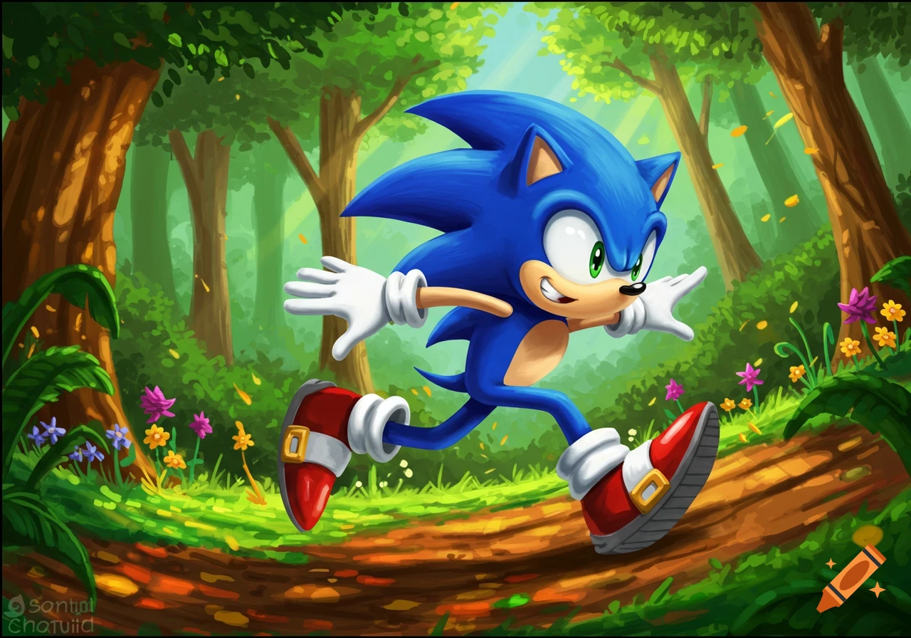Illustration of Sonic the Hedgehog running on a forest path.