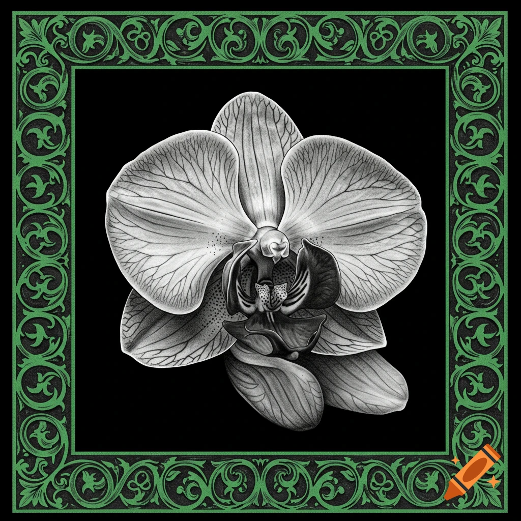A black and white drawing of an orchid centered within an ornate green border.