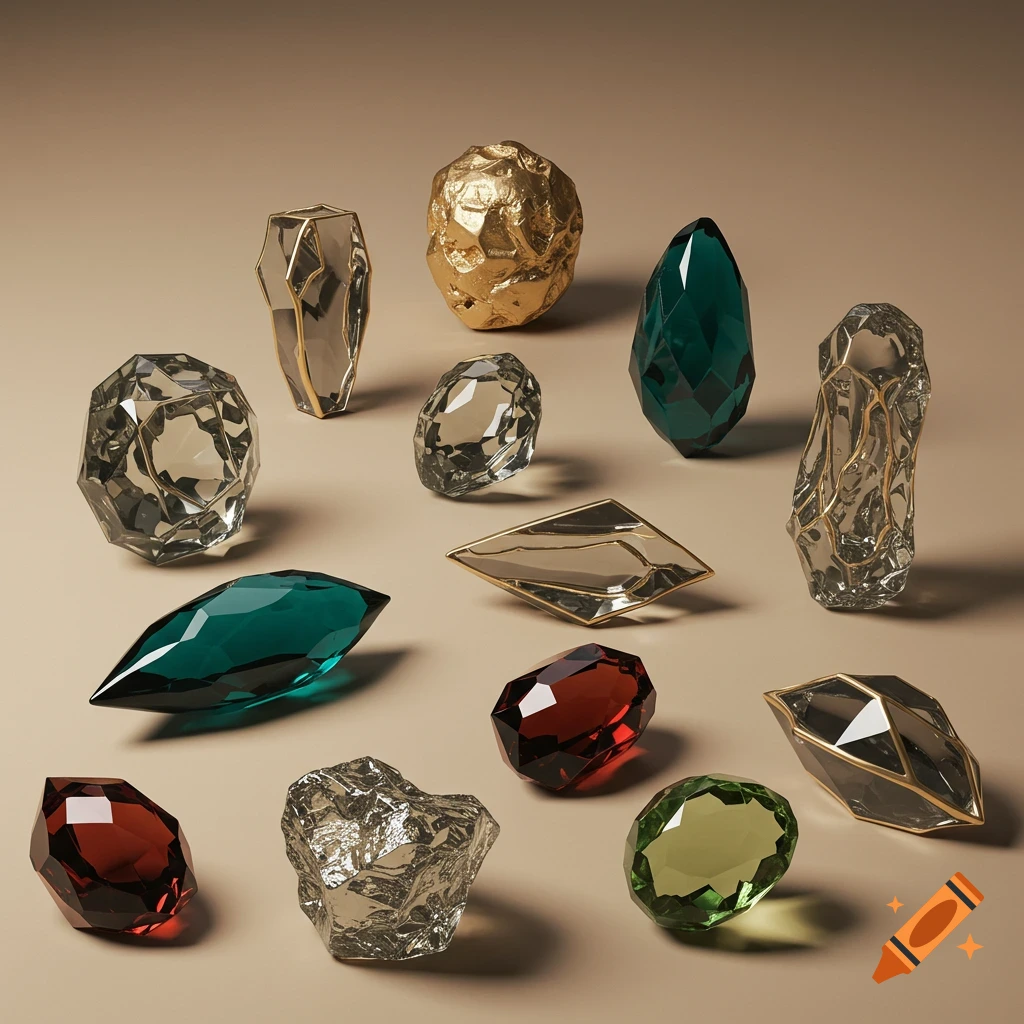 A collection of abstract faceted shapes resembling gemstones and metal pieces on a beige background.