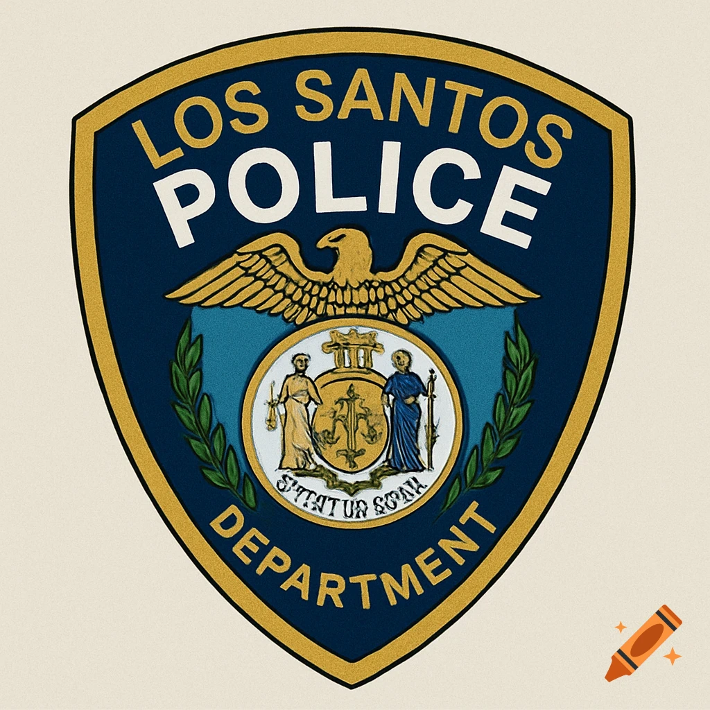 Shield badge with 'LOS SANTOS POLICE DEPARTMENT' text, an eagle, and a circular emblem.