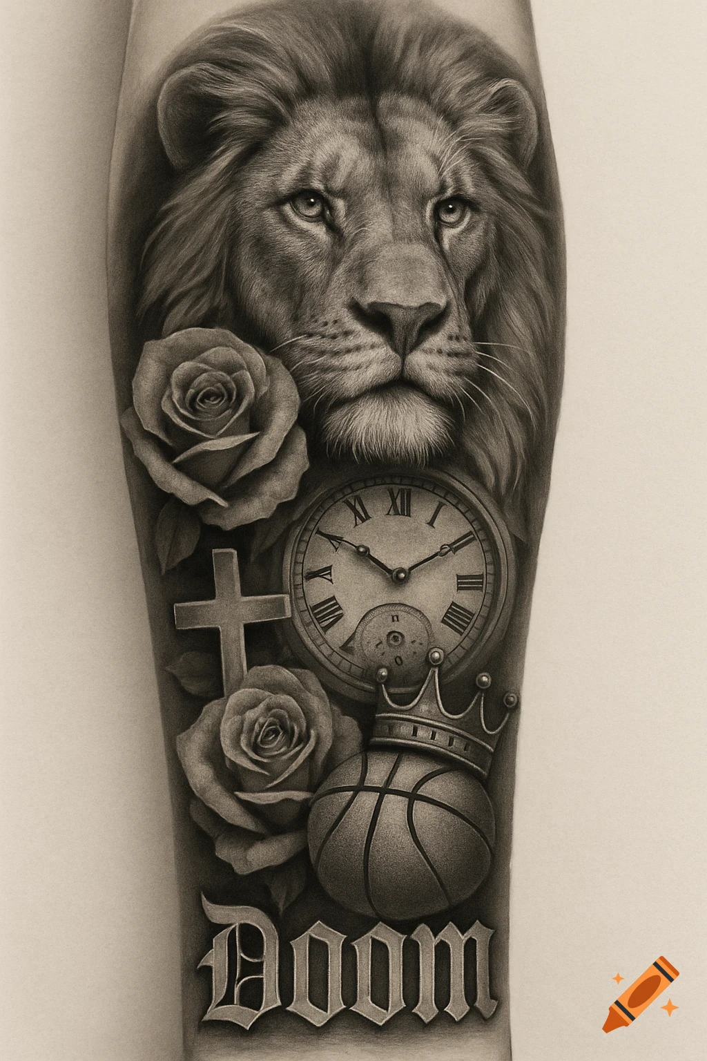 Black and white tattoo design with a lion, roses, clock, cross, basketball, crown, and 'DOOM'.