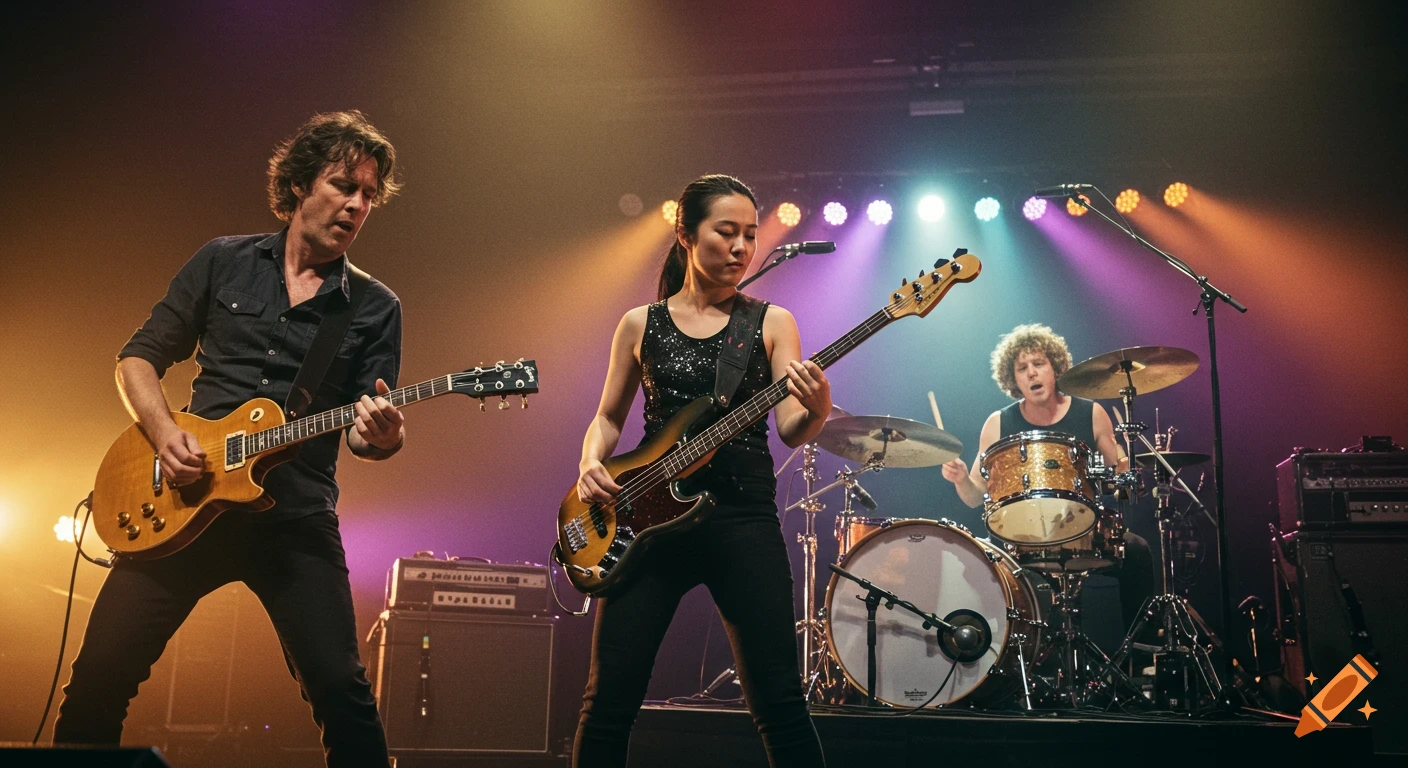 A three-piece band featuring guitar, bass, and drums plays on a stage under colorful lights.