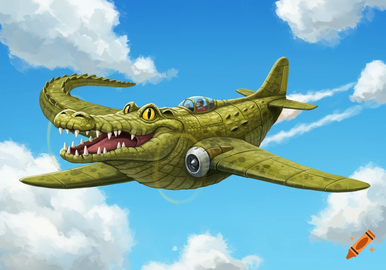 A cartoon crocodile airplane flies through a blue sky with clouds.