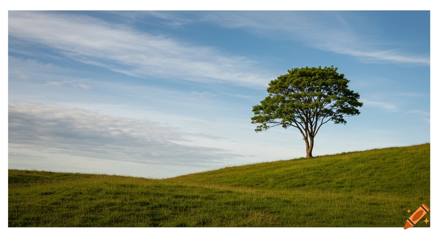 A lone tree stands on a grassy hill under a blue sky with clouds.