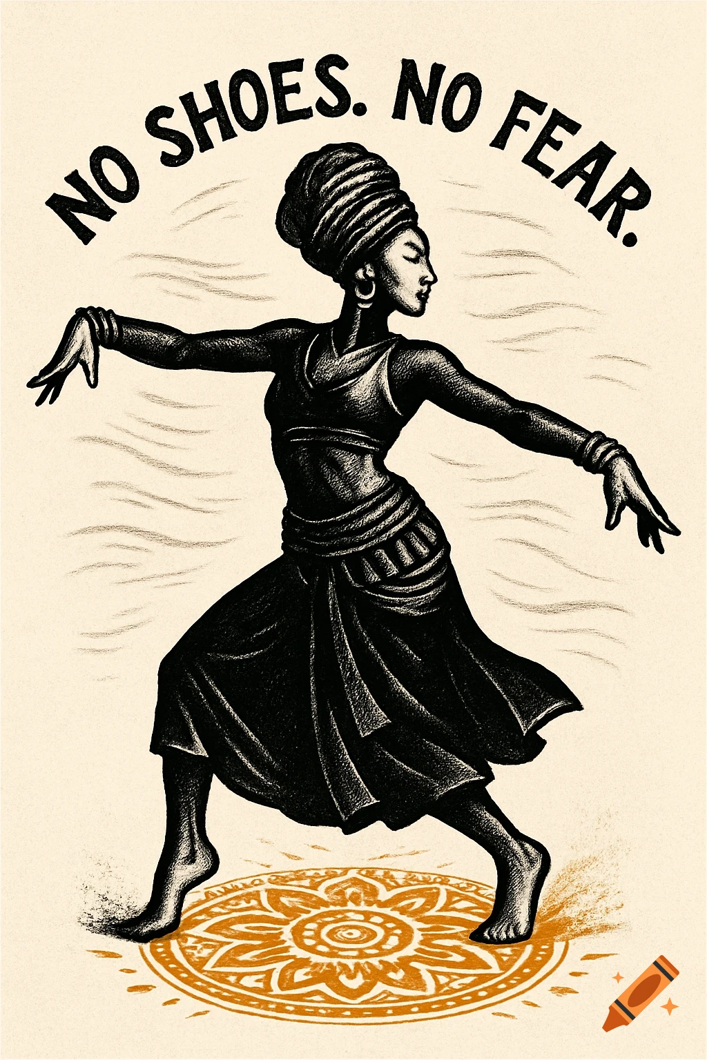 Graphic illustration of a barefoot woman with a turban dancing. Text reads: NO SHOES. NO FEAR.