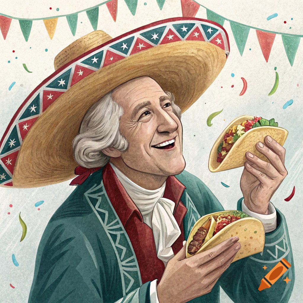 George Washington in a sombrero holding tacos, watercolor illustration.