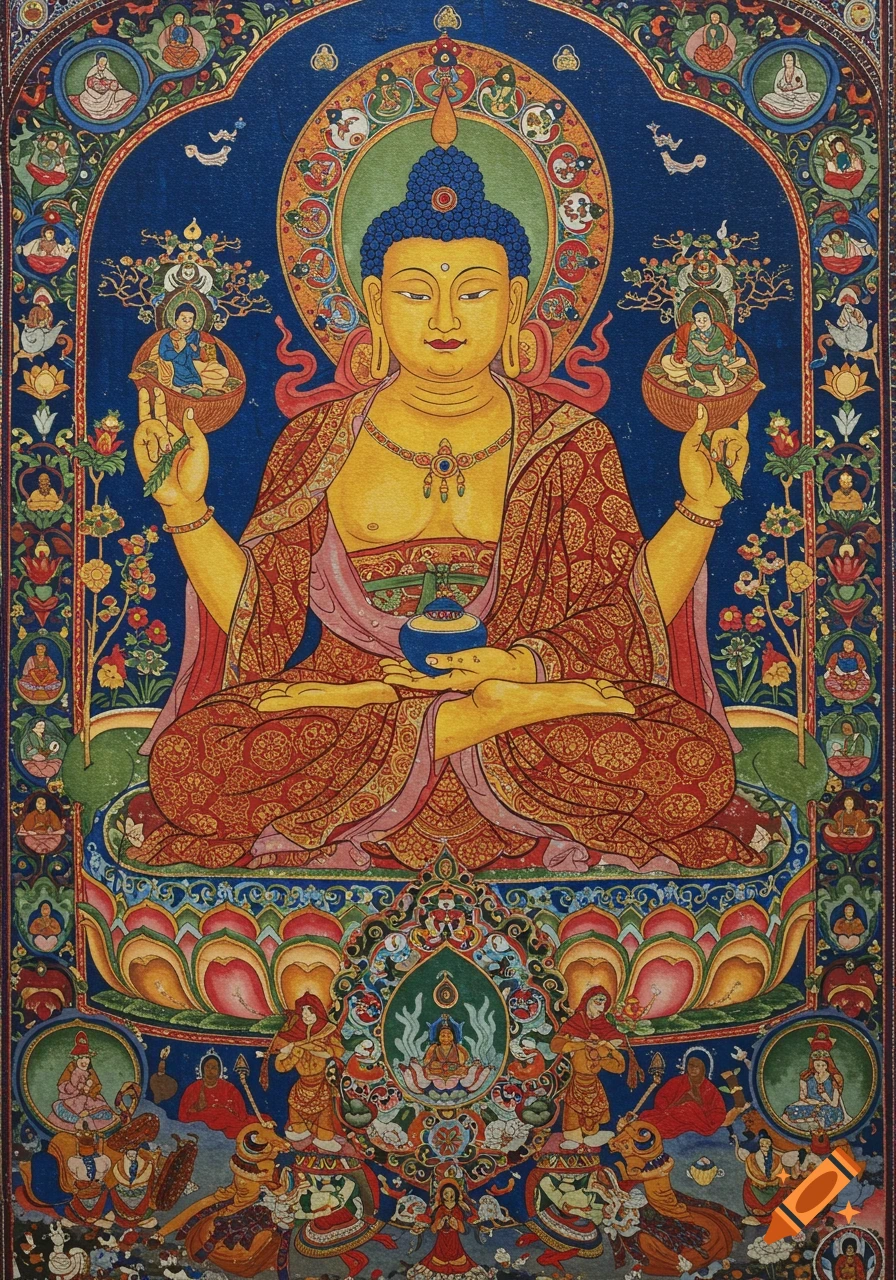 Traditional thangka painting of Buddha surrounded by figures and religious scenes.