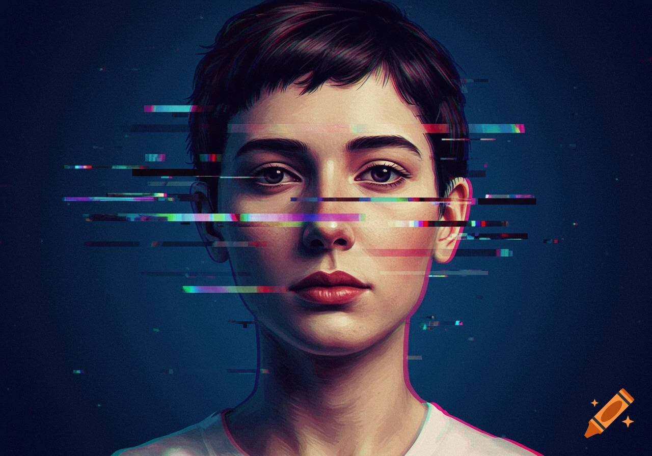 A close-up digital art portrait of a person's face with colorful glitch effects obscuring the eyes and mouth.