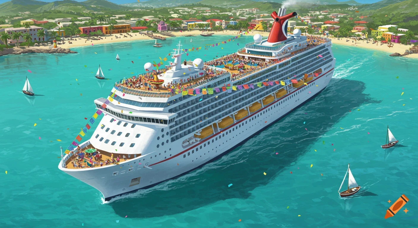 Illustration of a cruise ship arriving at a tropical beach town with colorful flags and confetti in the water.