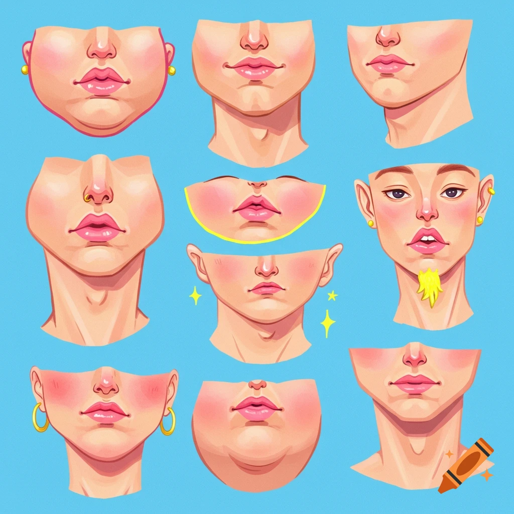 Grid of nine illustrations of human chins and mouths on a blue background