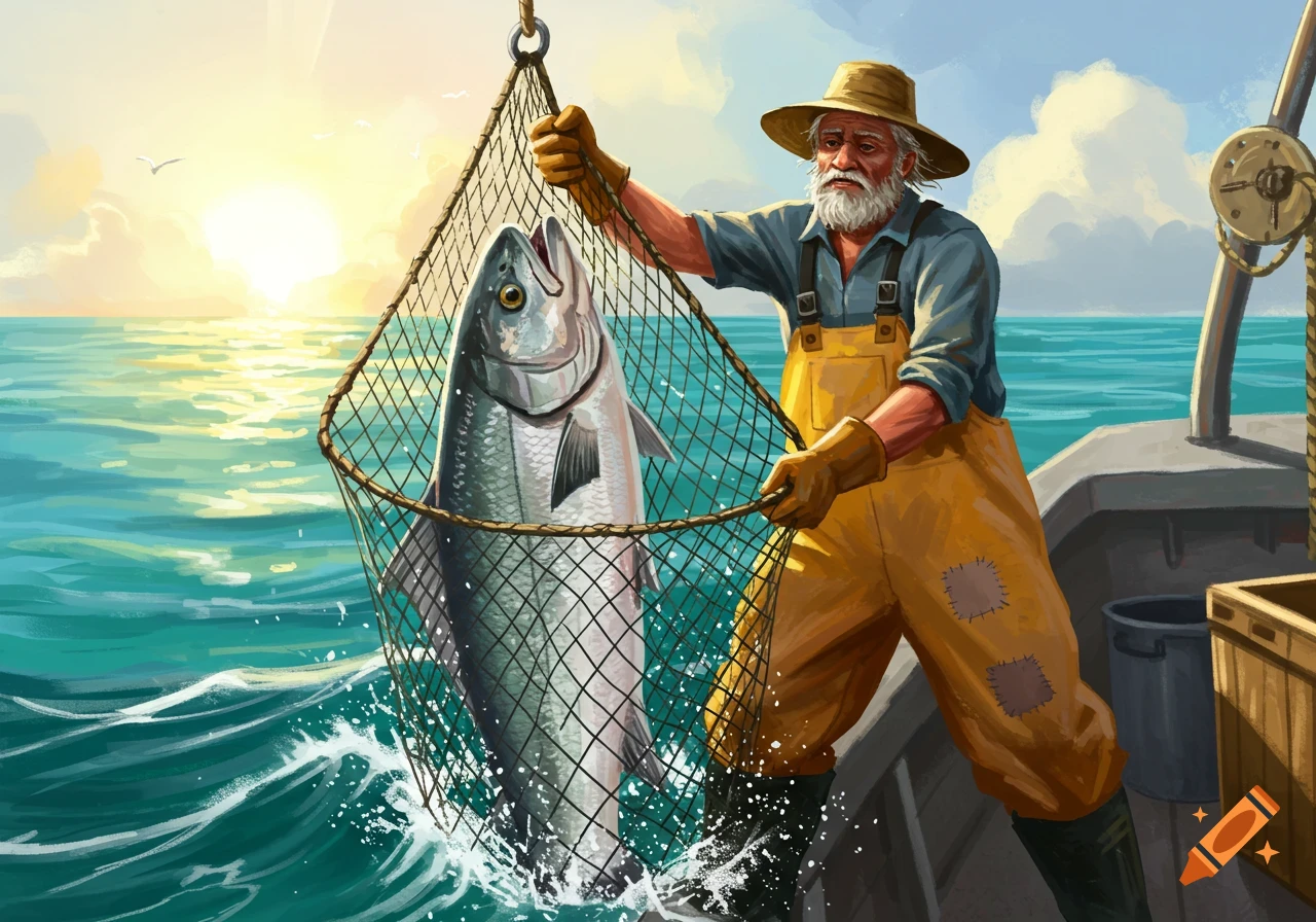 A fisherman in yellow waders pulls a large fish from the ocean in a net at sunset.