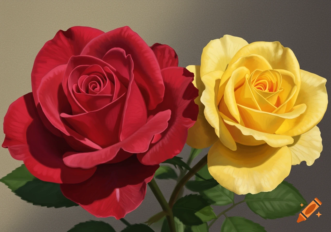 Digital painting of a red rose and a yellow rose on a neutral background.