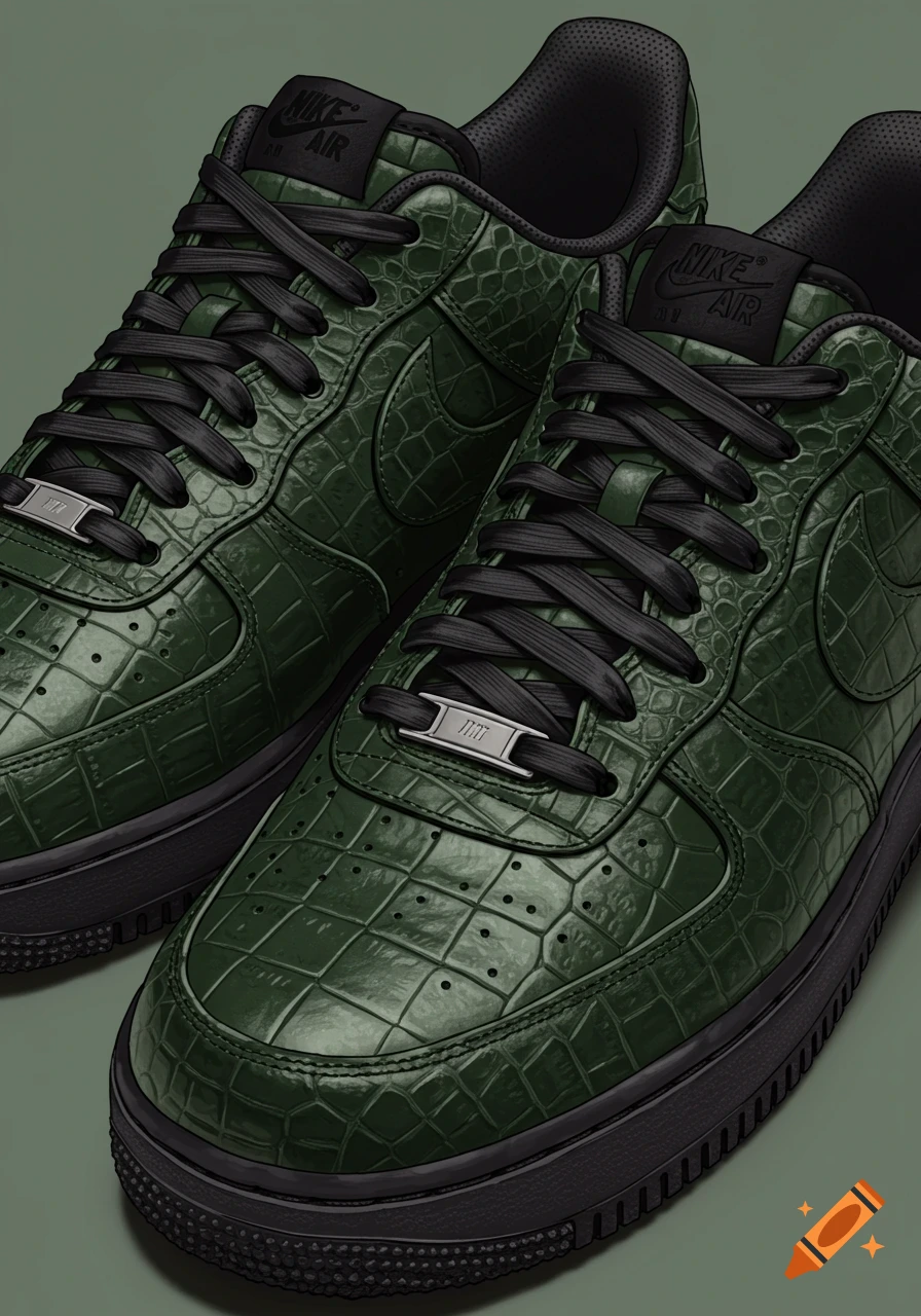 Two green shoes with alligator skin texture and black laces.