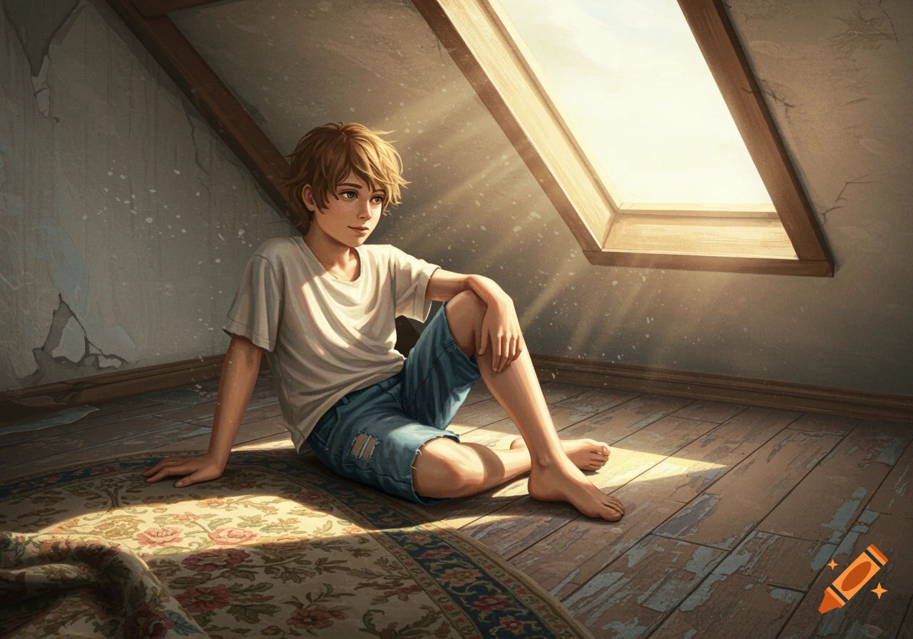 Illustrated portrait of a boy sitting barefoot in a dusty attic, lit by sunlight from a window.