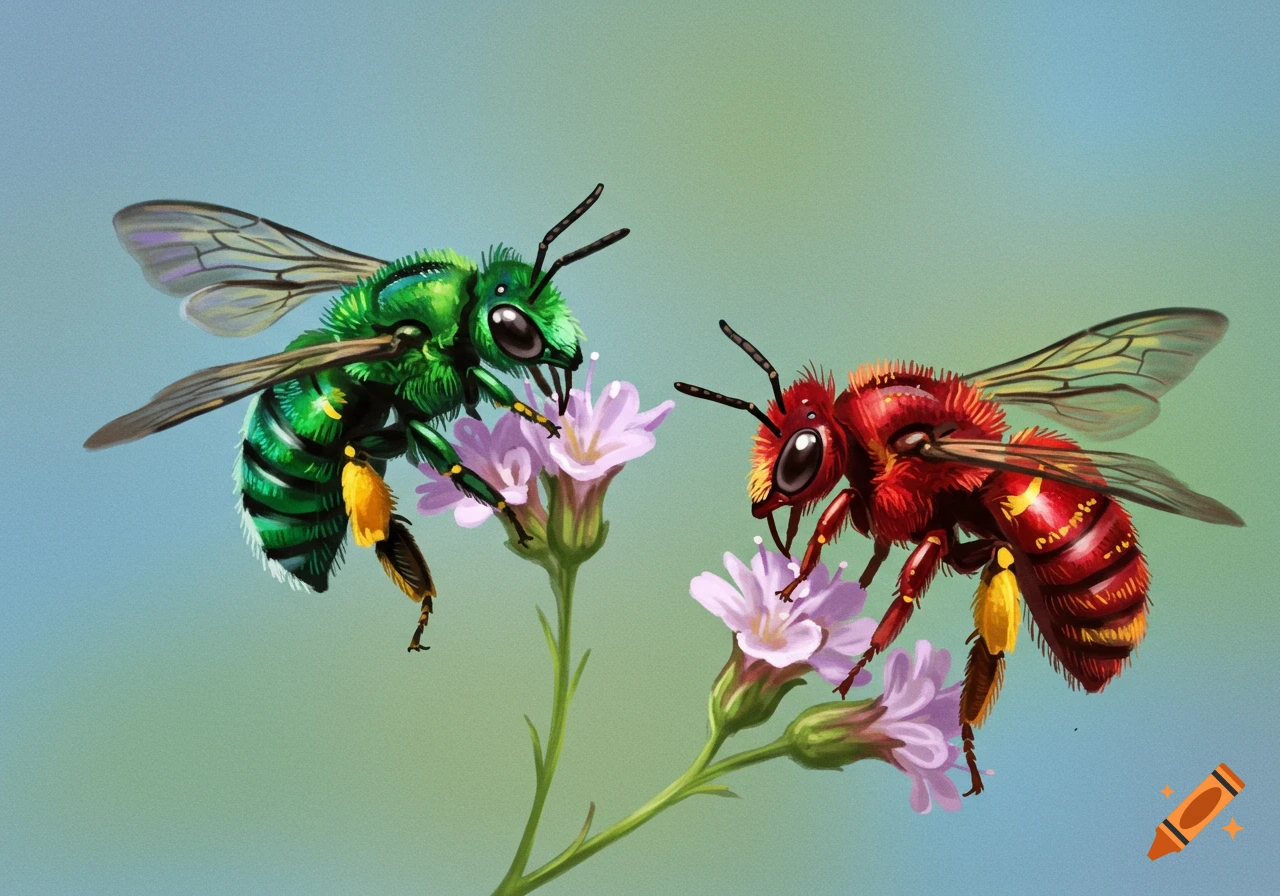 Digital art of a green bee and a red bee on a pink flower.