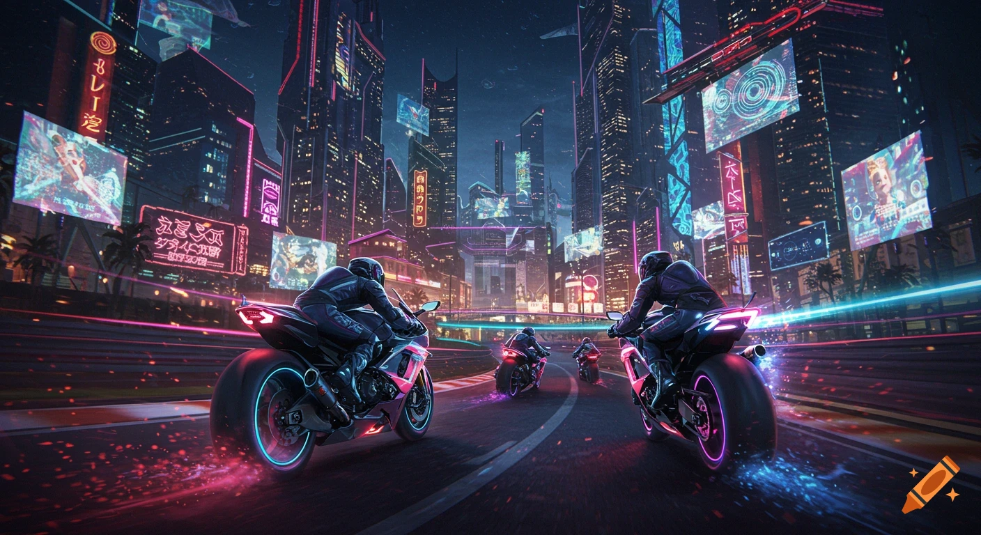 Futuristic motorcycle race through a neon-lit cyberpunk city at night.