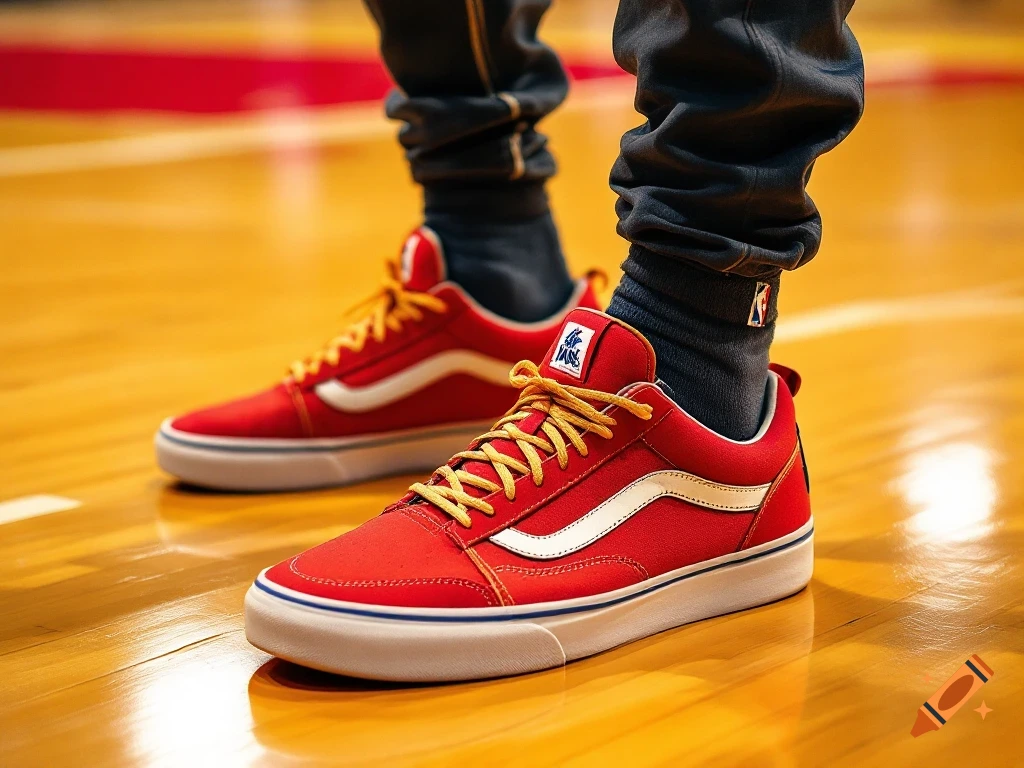 Close-up of a person's legs wearing red Vans-style sneakers on a basketball court.