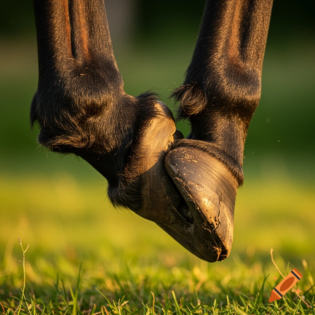Close-up of horse hooves and lower legs against green grass