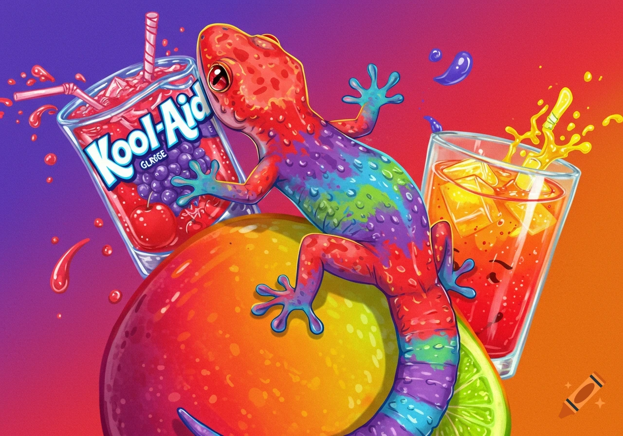 Colorful gecko sits on fruit next to drinks in a bright illustration.