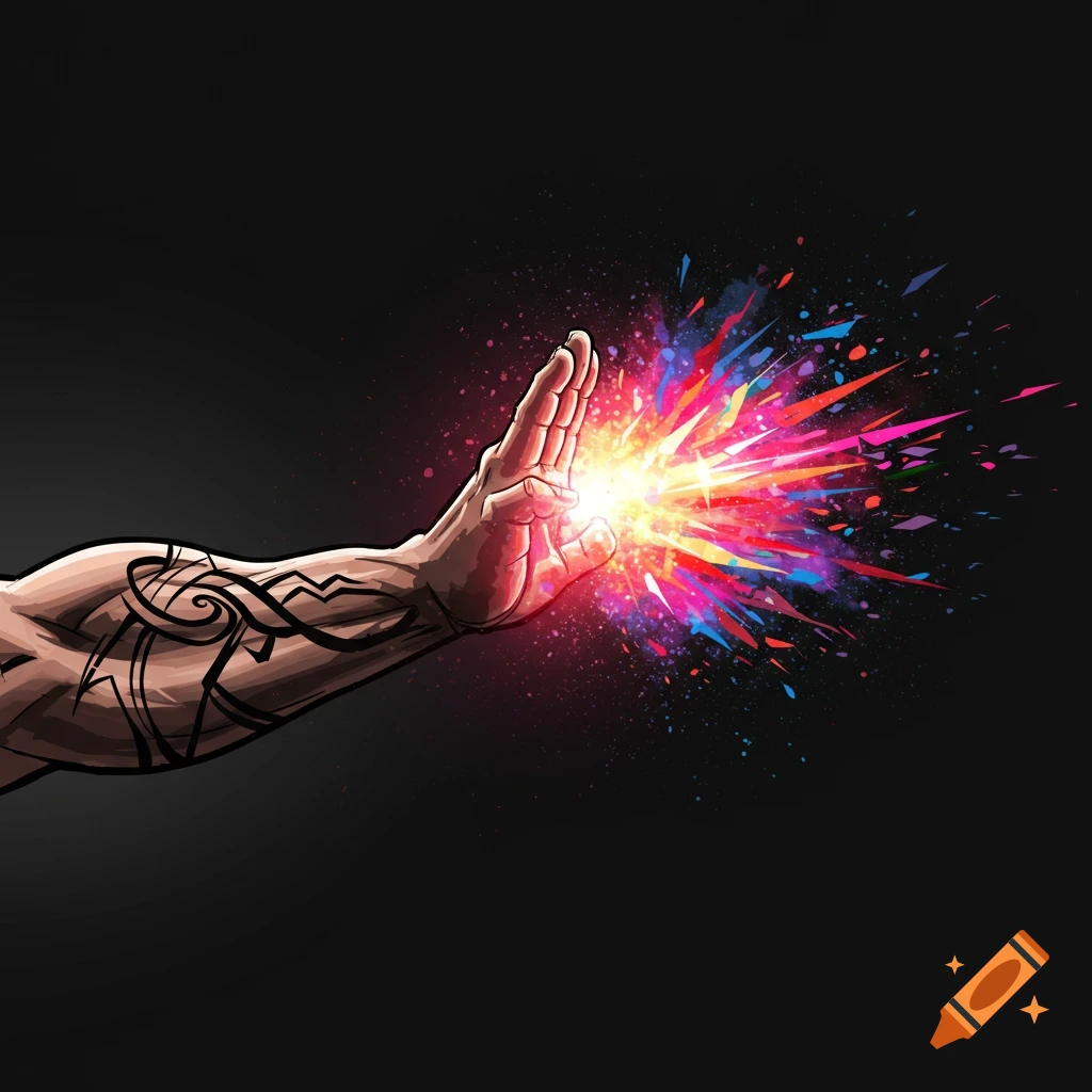 Stylized image of a muscular arm with a tattoo, hand outstretched, emitting a bright, colorful energy burst.