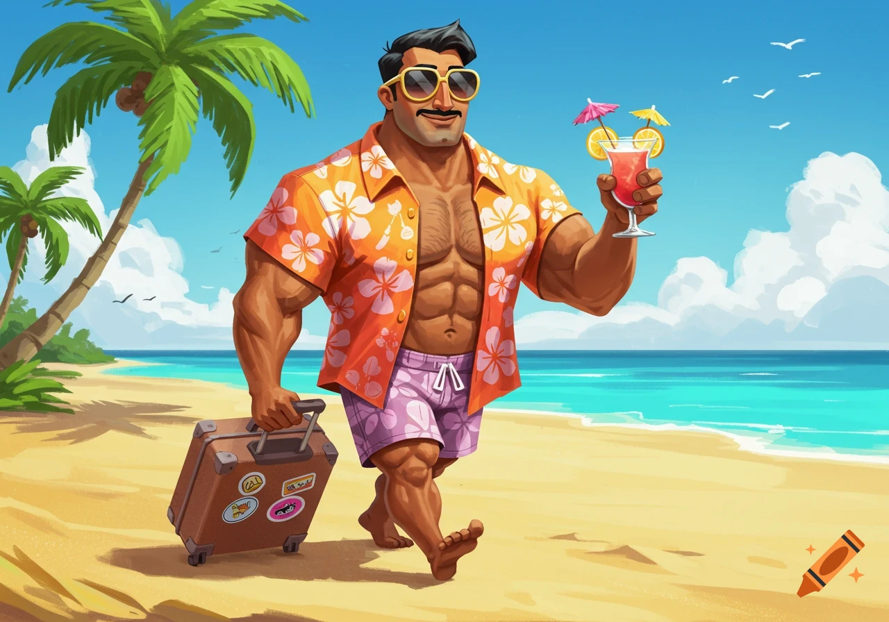 Muscular man in a tropical shirt walks on a beach with a suitcase and drink. Illustration.