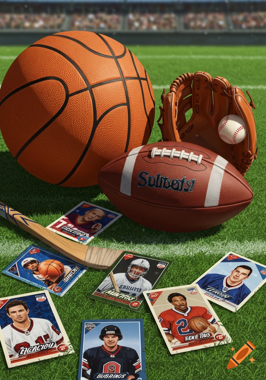 Sports equipment and trading cards on a grassy field