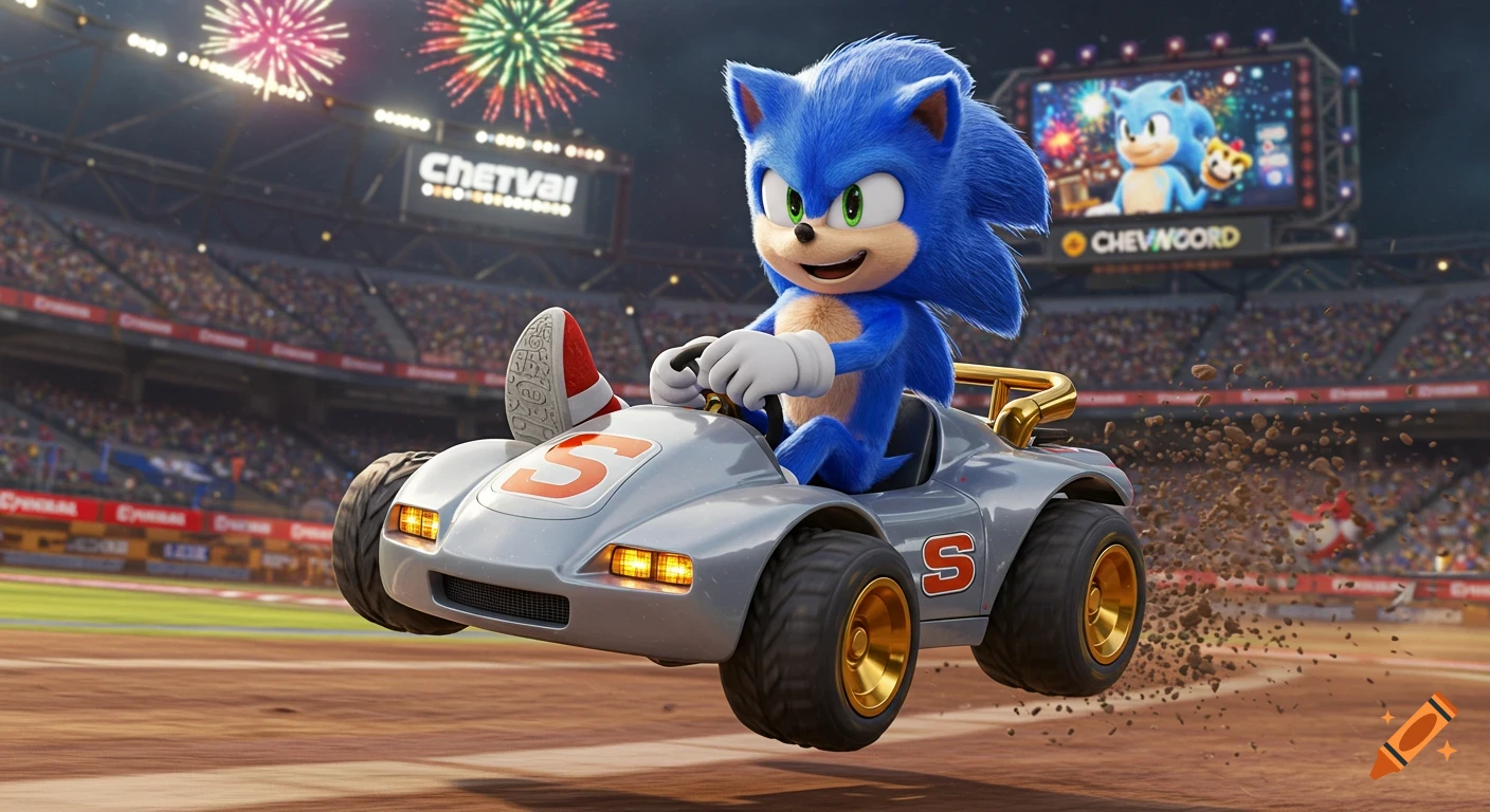 Sonic the Hedgehog drives a go-kart in a stadium