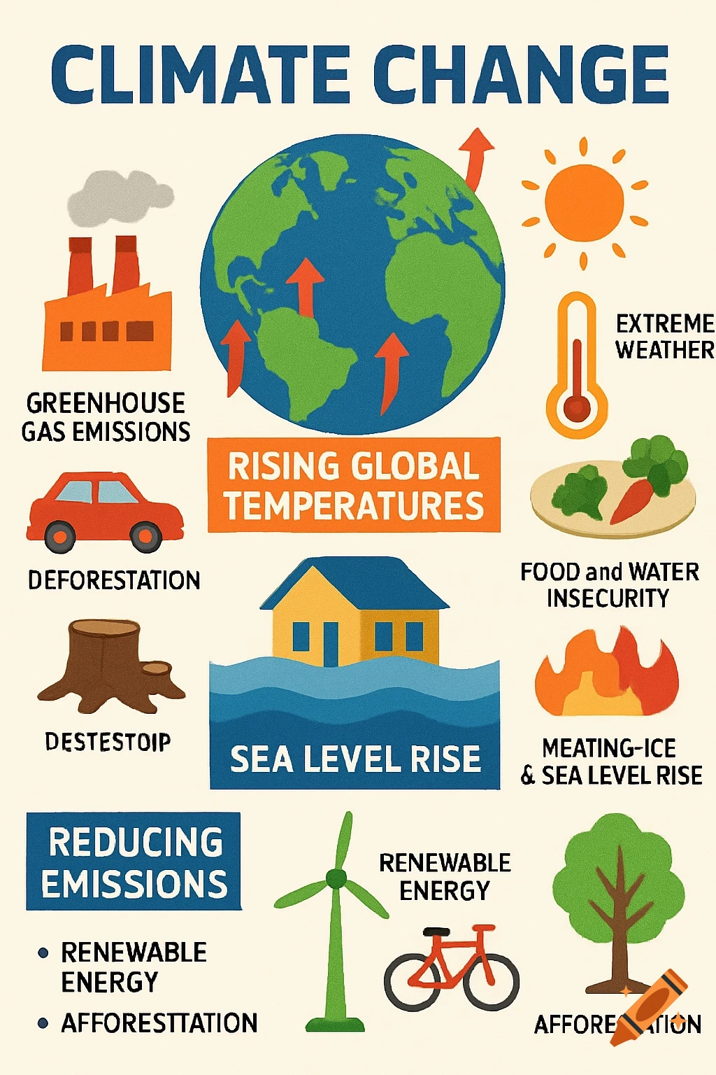 An infographic illustrating causes and effects of climate change and potential solutions with simple icons and text.