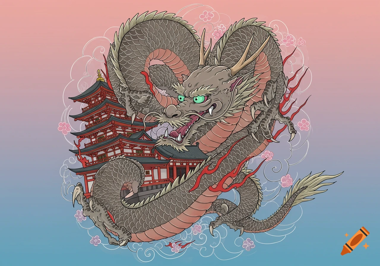Traditional Japanese style tattoo illustration of a dragon coiled around a pagoda temple with clouds.