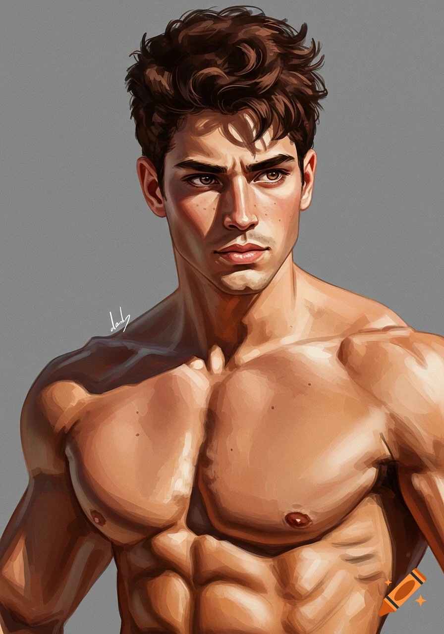 Painted portrait of a muscular man with dark curly hair and intense eyes.
