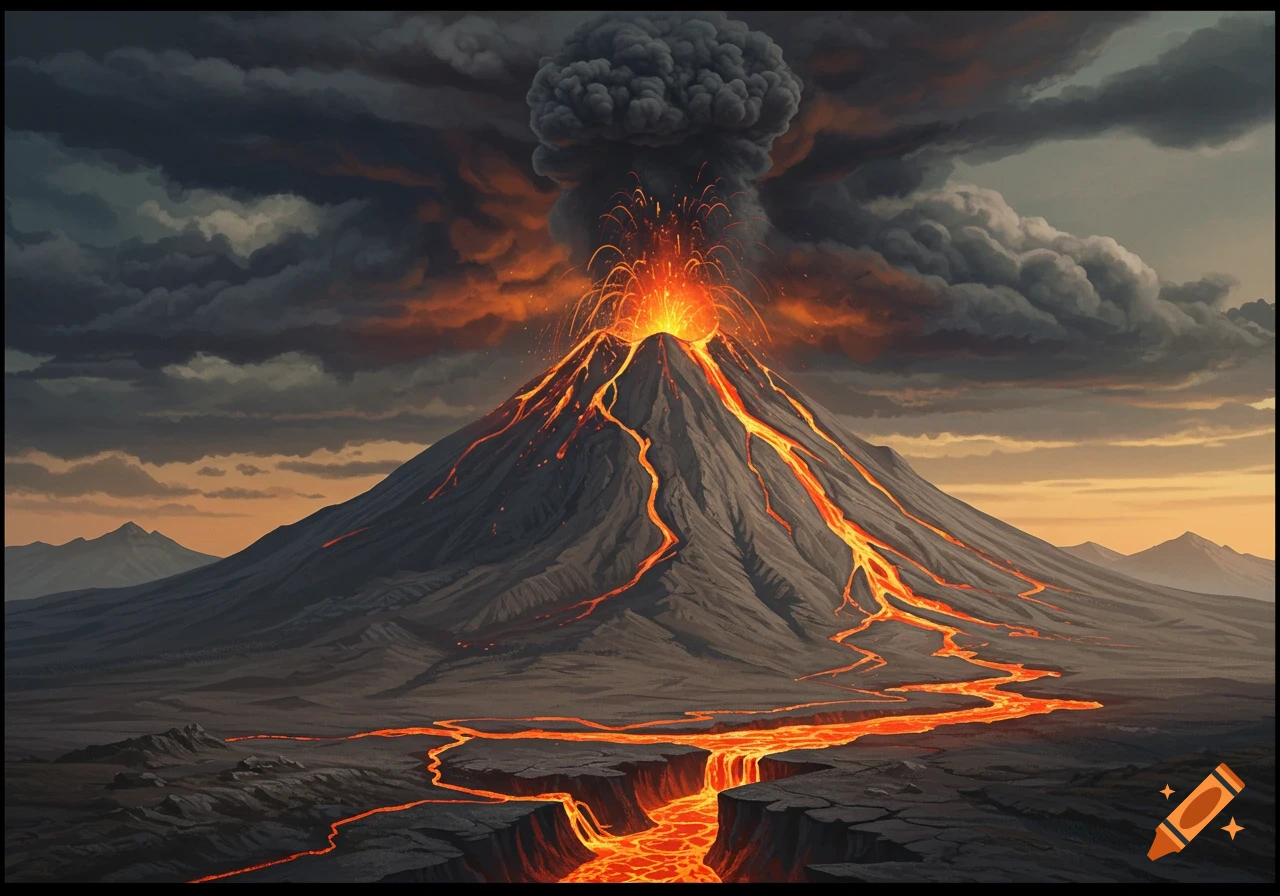 Dramatic illustration of a volcano erupting, with fiery lava flowing down the sides and thick smoke billowing into a cloudy sky.
