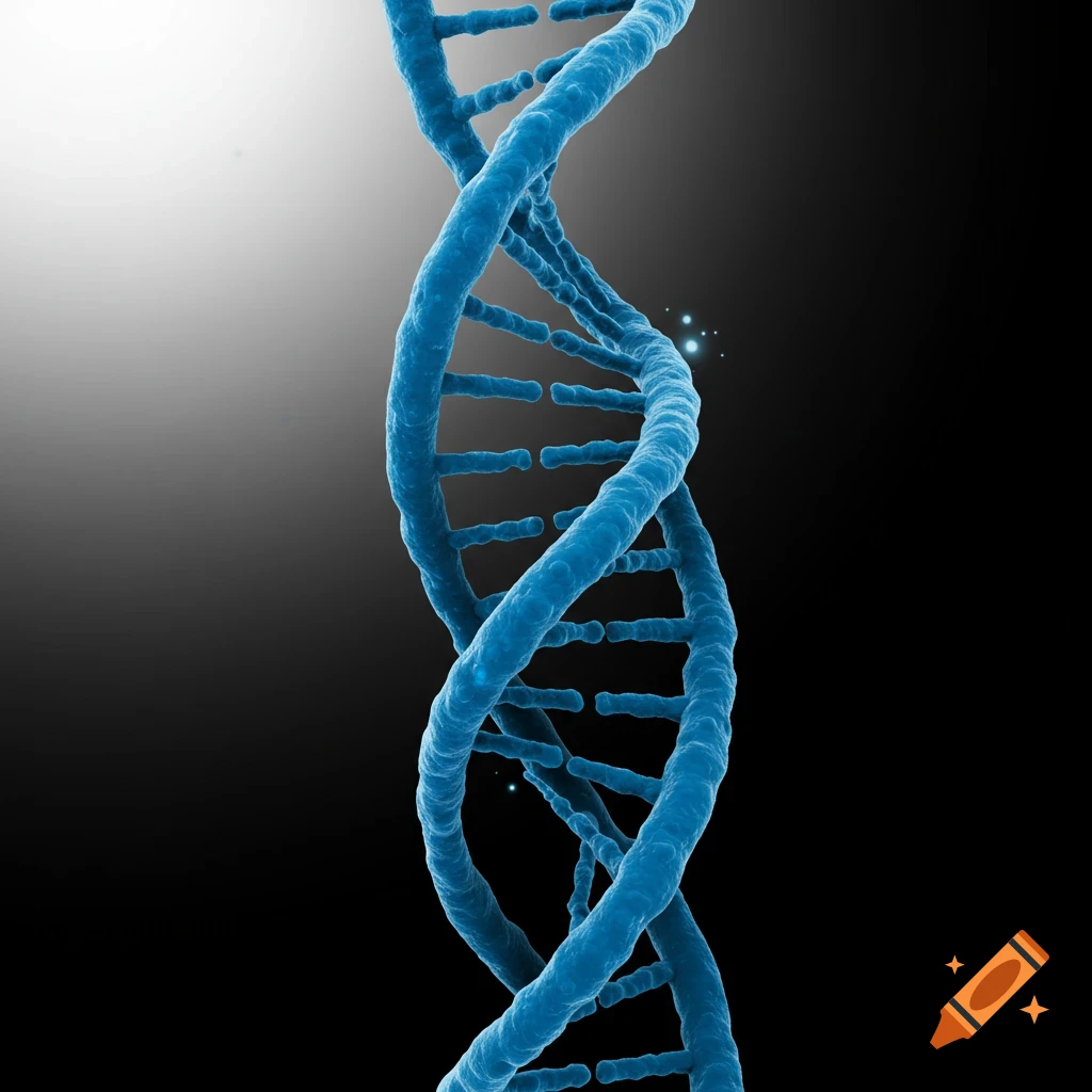 A blue DNA double helix structure on a white to black gradient background.