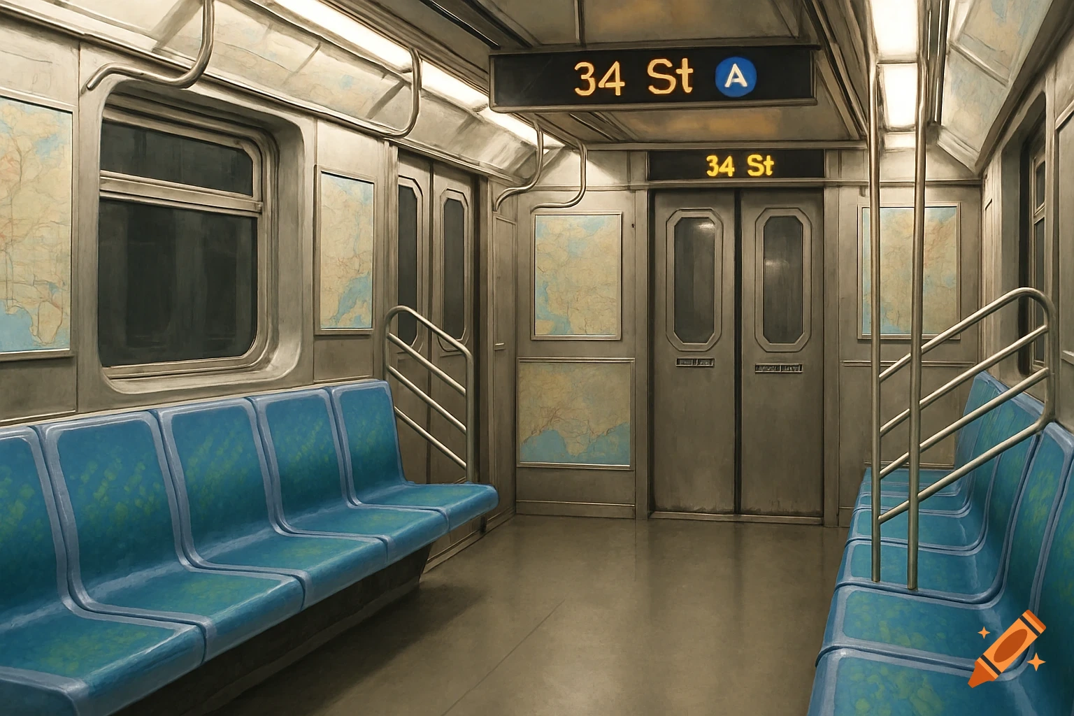 Interior view of an empty subway car with blue seats and metal walls.