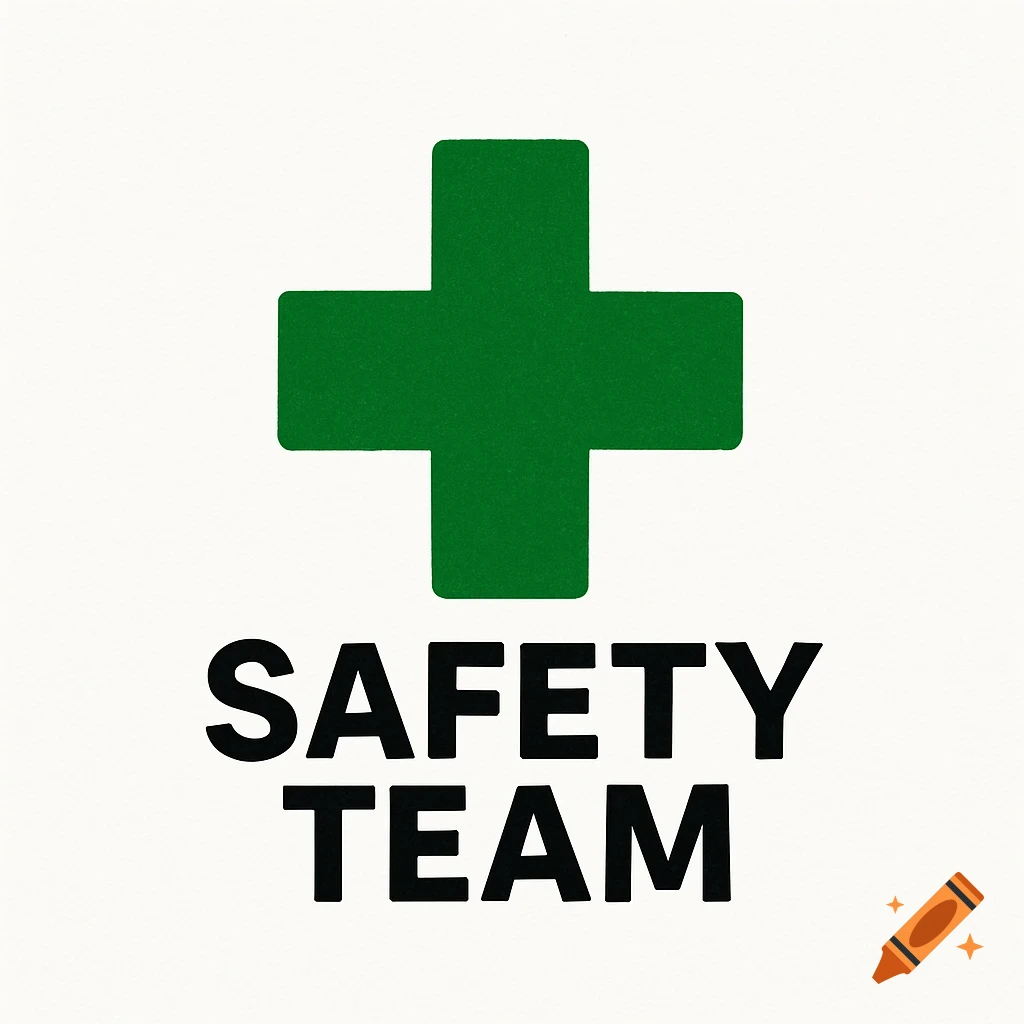 Green medical cross symbol above the words SAFETY TEAM on white background.