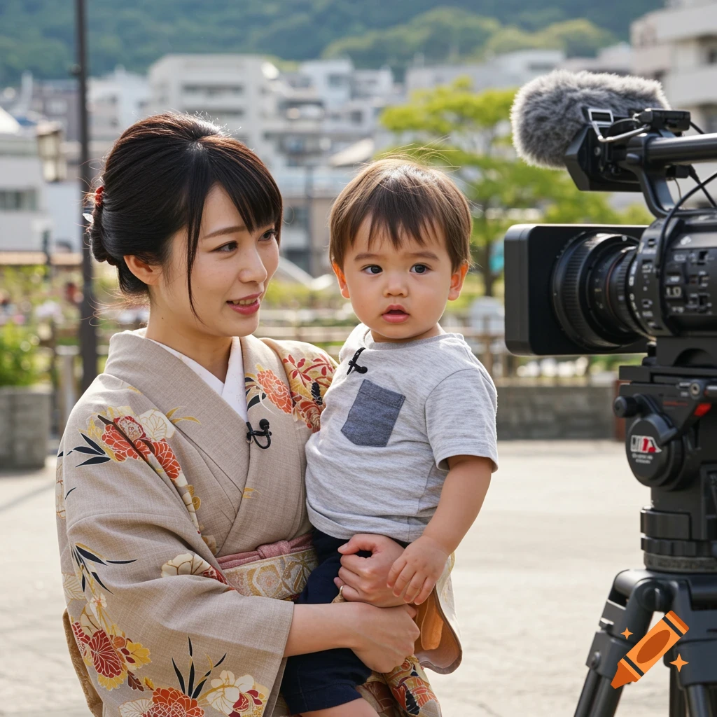 Japanese woman in kimono holding a child next to a TV camera during an outdoor interview.