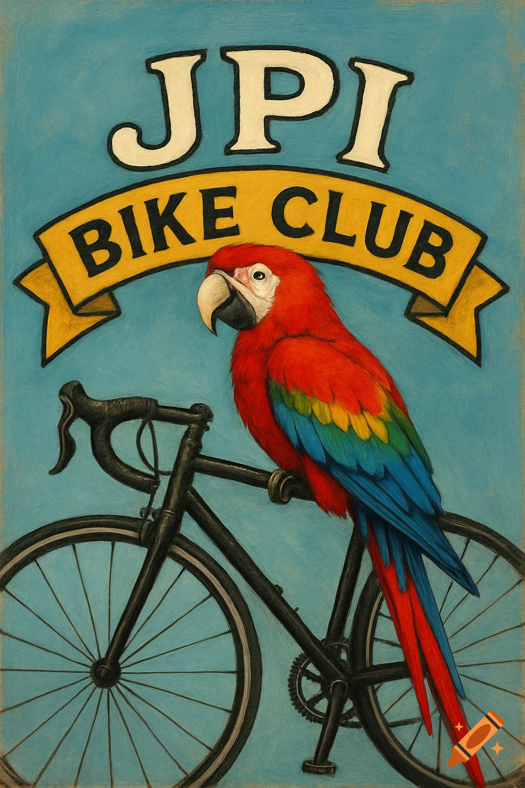 Illustration of a parrot perched on a bicycle with a banner overhead reading 'JPI BIKE CLUB'.
