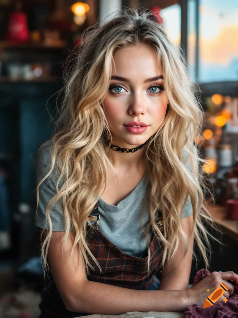 Photorealistic portrait of a young blonde woman with blue eyes in a cafe wearing a grey shirt and plaid apron.