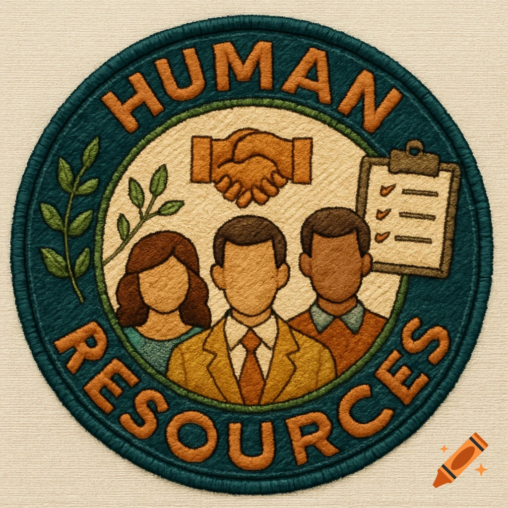 An embroidered patch design for Human Resources, featuring stylized figures, a handshake, clipboard, and text around the border.