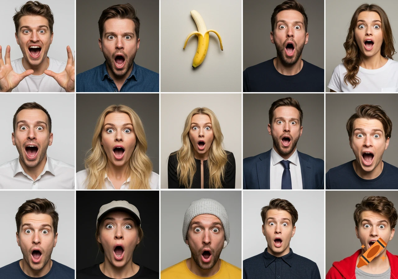 Grid of portraits showing people with shocked expressions and a banana.