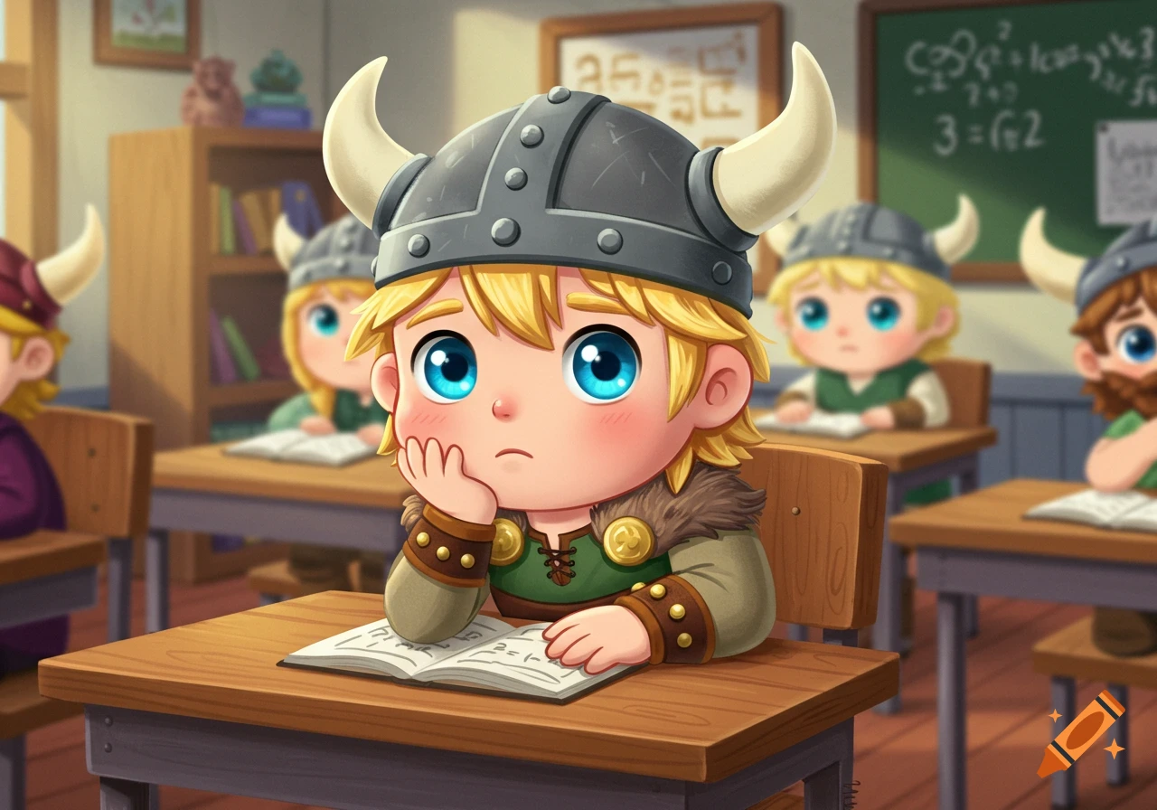 A cute cartoon viking student sits at a desk in a classroom, looking thoughtful. Other students are visible in the background.