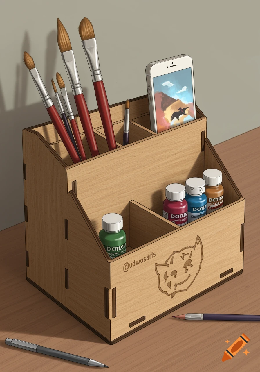 Wooden desk organizer with paintbrushes, paint bottles, phone, and pencils.