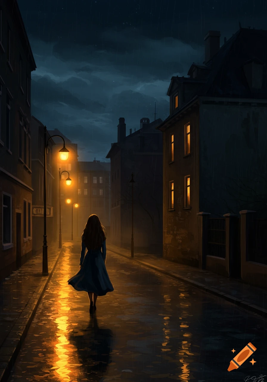 A woman walks down a rainy street at night, lit by glowing street lamps reflected on the wet ground. Digital art.