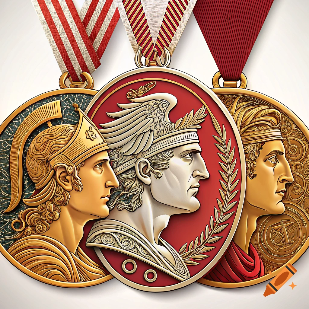 Three ornate gold and red medals with profile busts of classical figures.