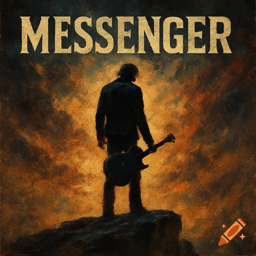 Album cover with a silhouette of a person holding a guitar on a rock, dramatic sky, with the text MESSENGER at the top.