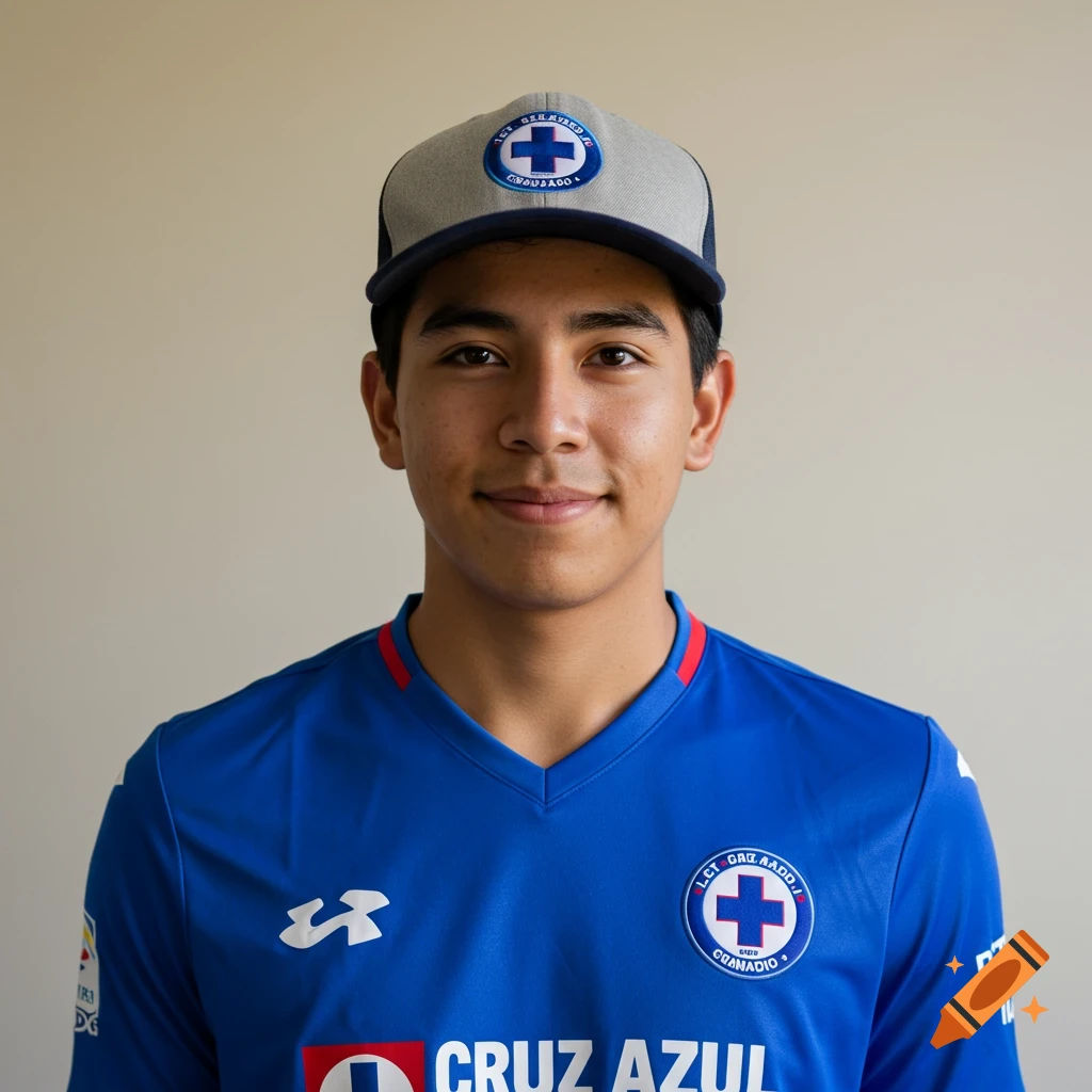 Young man wearing a blue Cruz Azul football jersey and hat.