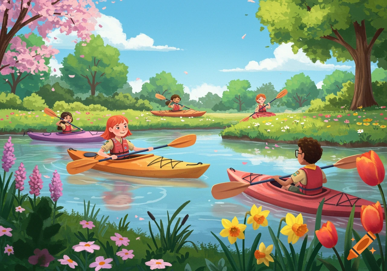 Kids kayaking on a river in a park during springtime. Cartoon illustration style.