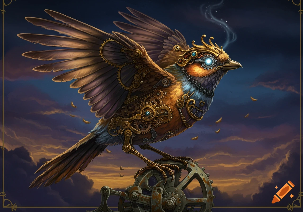 A detailed steampunk bird with gears and metal parts, perched on a ...